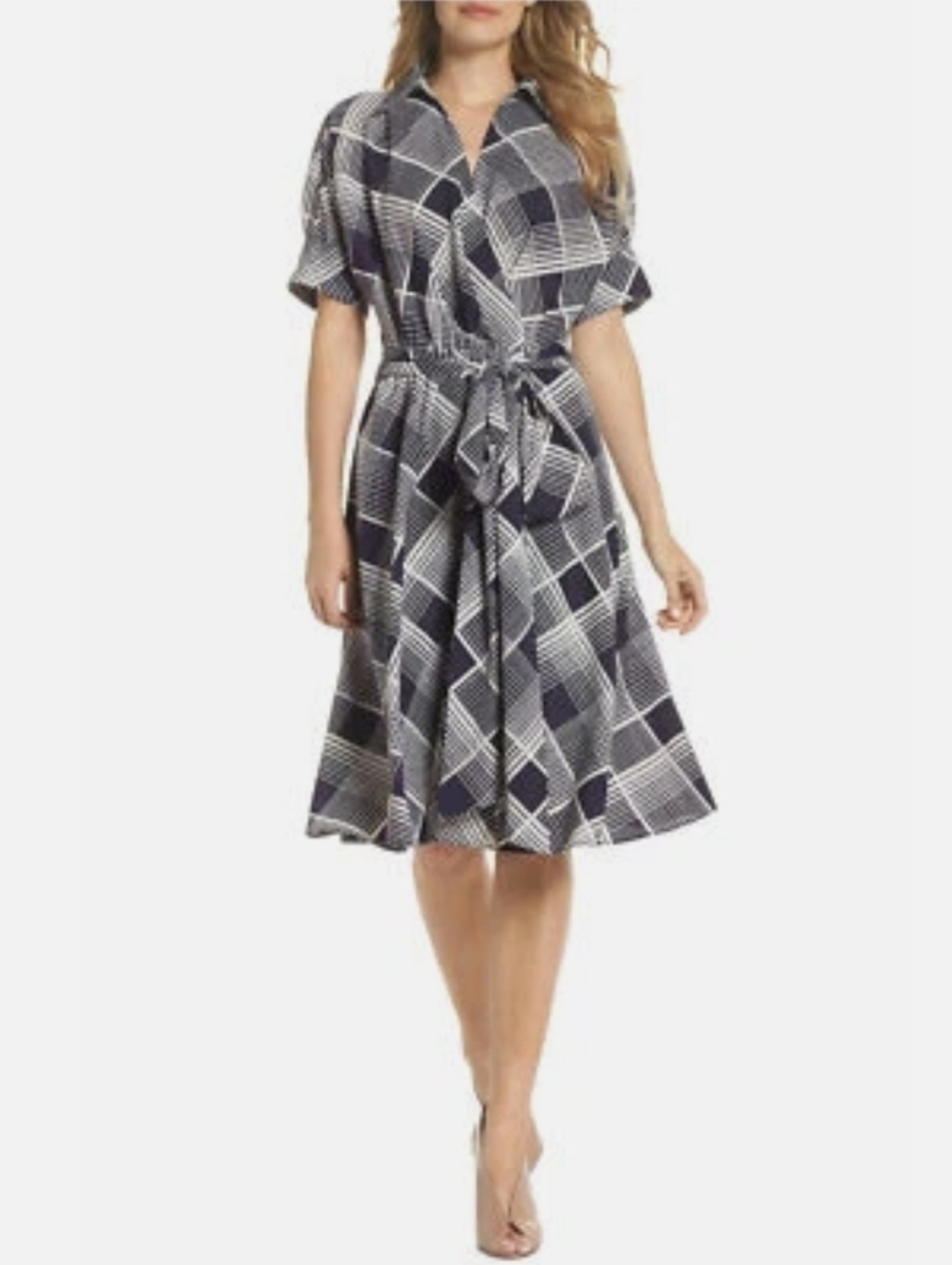 Eliza J Blue and Ivory Plaid Fit-and-Flare Tie-Waist Midi Shirt Dress, 12 petite